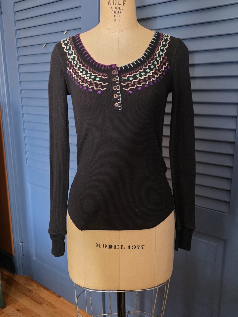 We The Free Free People Fair Isle Embroidered Thermal Henley Top Black XS